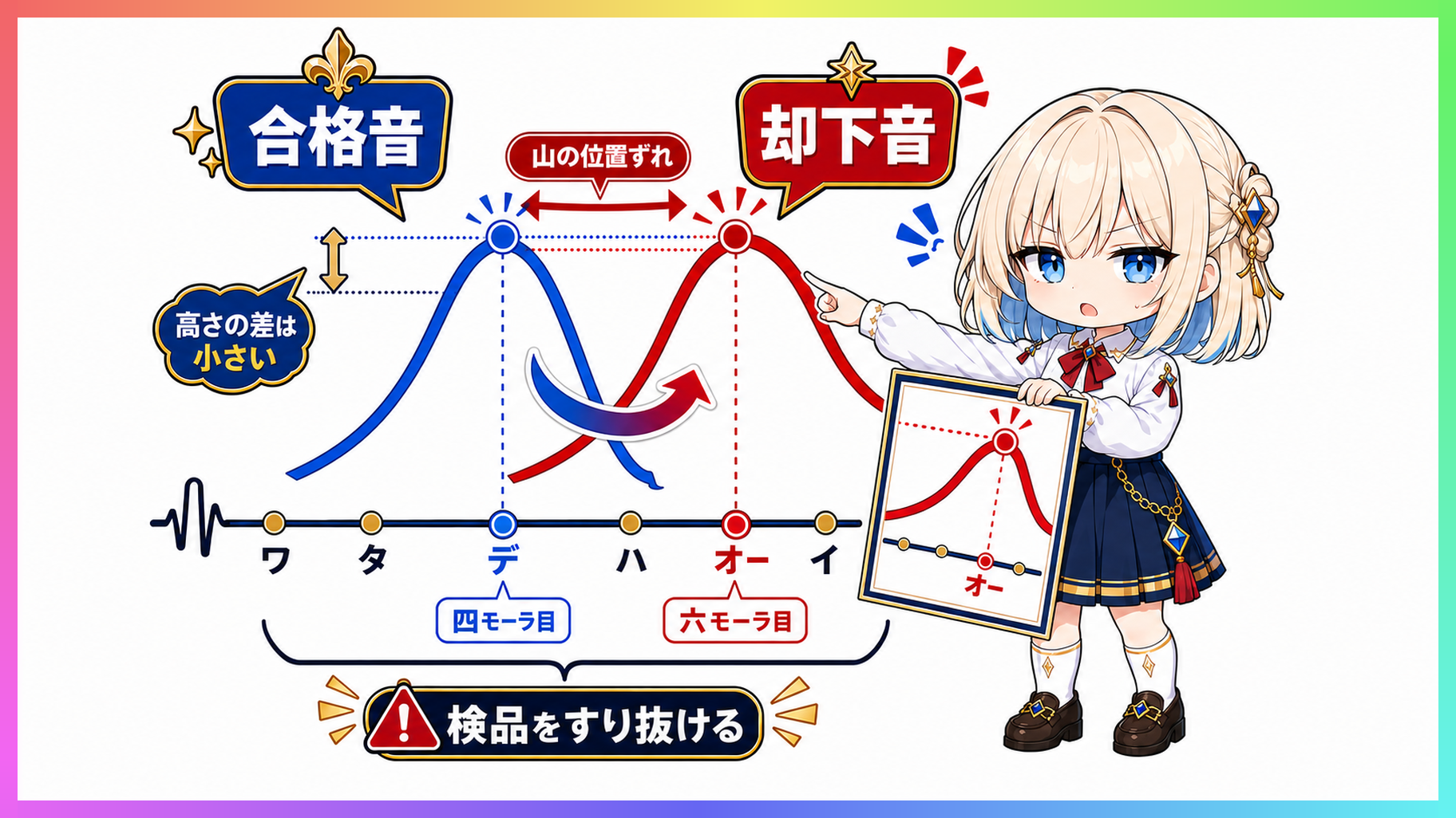 アクセント核の山の位置が4モーラ目から6モーラ目へずれて2語に割れたピッチ曲線を見つめるyuki