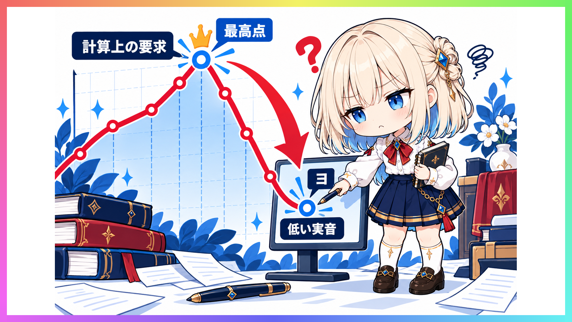 2024年のピッチグラフでヨの文字が最も低い位置にある画面を指差し驚くyukiのイラスト