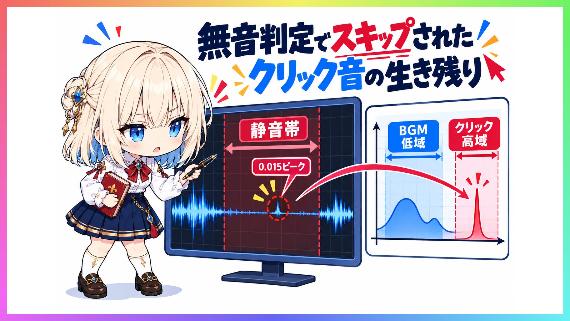 音声波形の静音判定区間に潜む微小なクリック音スパイクと周波数帯域の不一致を示す図