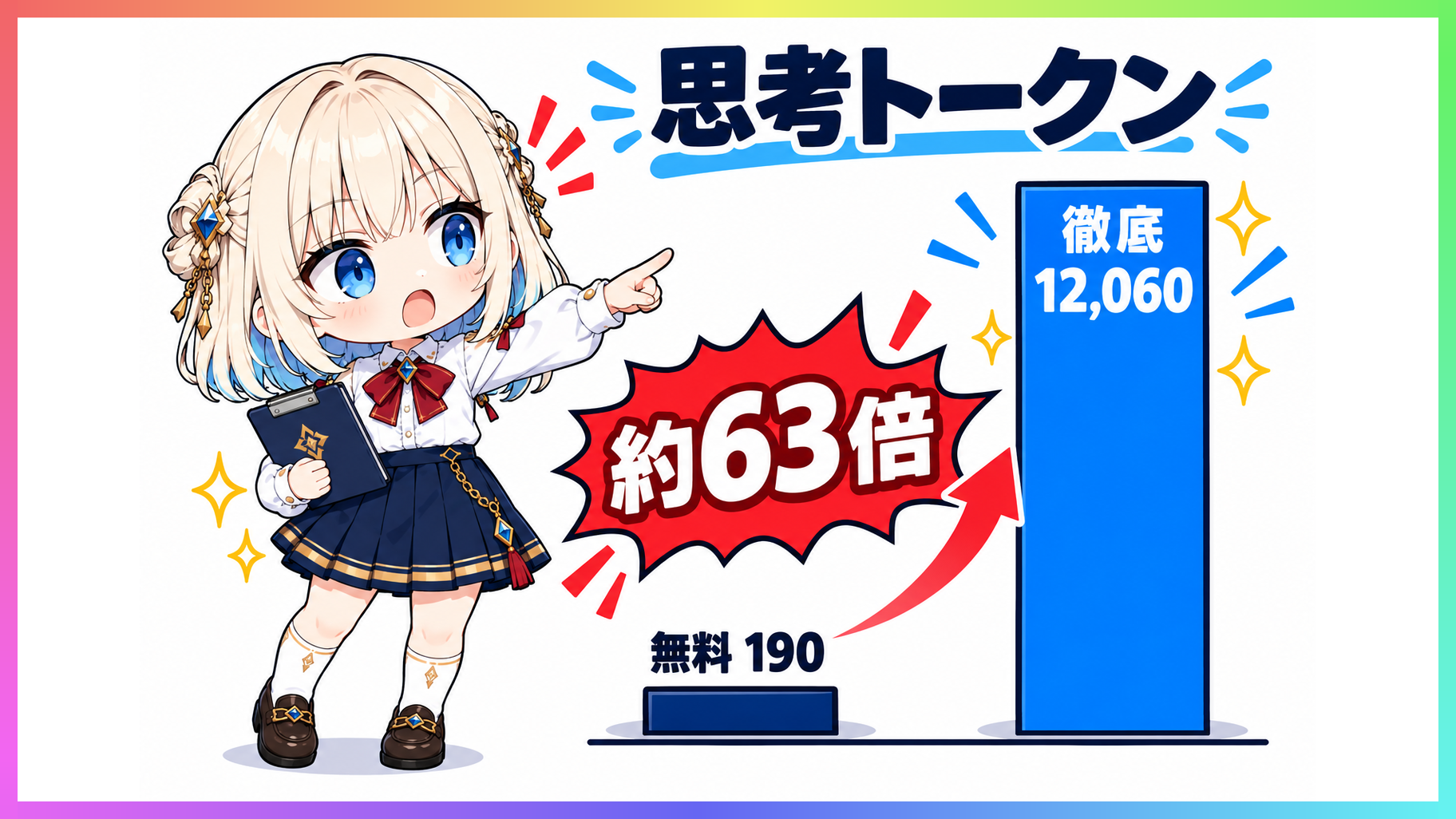 思考トークンの棒グラフで無料190と徹底12,060を示し約63倍の差を表した図。